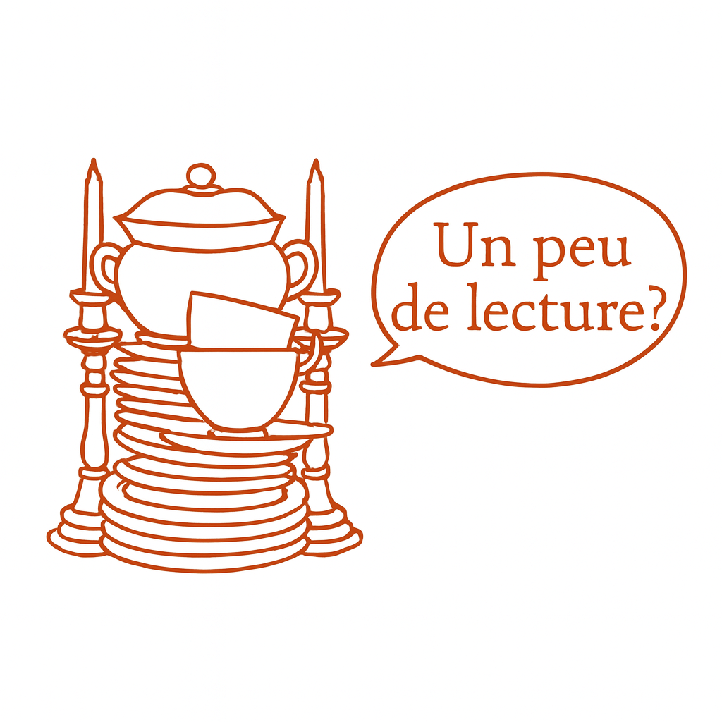 Illustration représentant une pile de vaisselle ancienne avec tasse, assiette, théière et chandeliers.