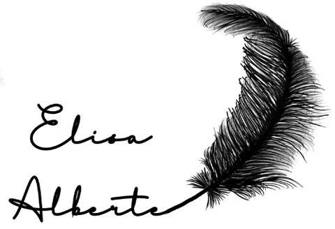 Logo de l'auteure suisse de romances Elisa Alberte - Son et son prénim dans une écriture cursive avec une plume d'écrivaine noire.