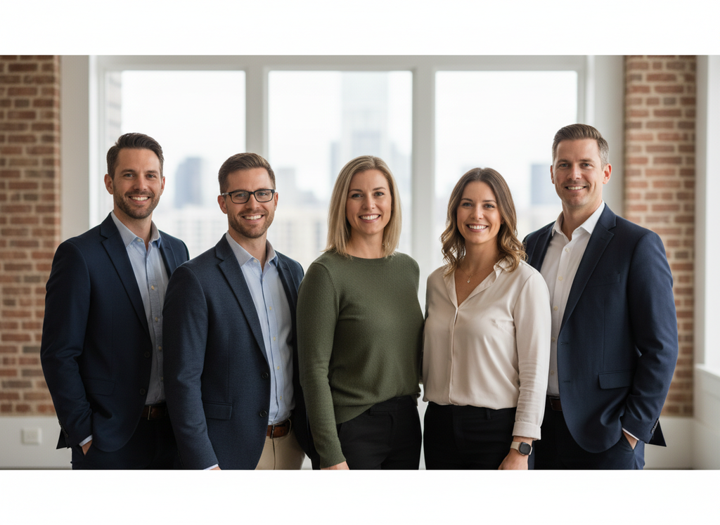 Groepsfoto van zes collega’s in business-casual kleding voor een modern kantoorgebouw met grote ramen.