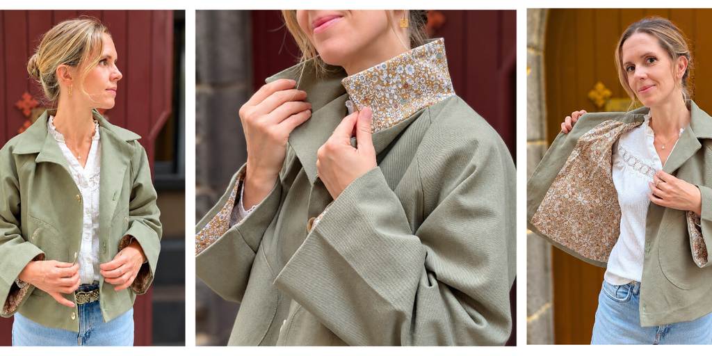 Trench court femme en kaki et liberty, fabriqué en France et sur mesure