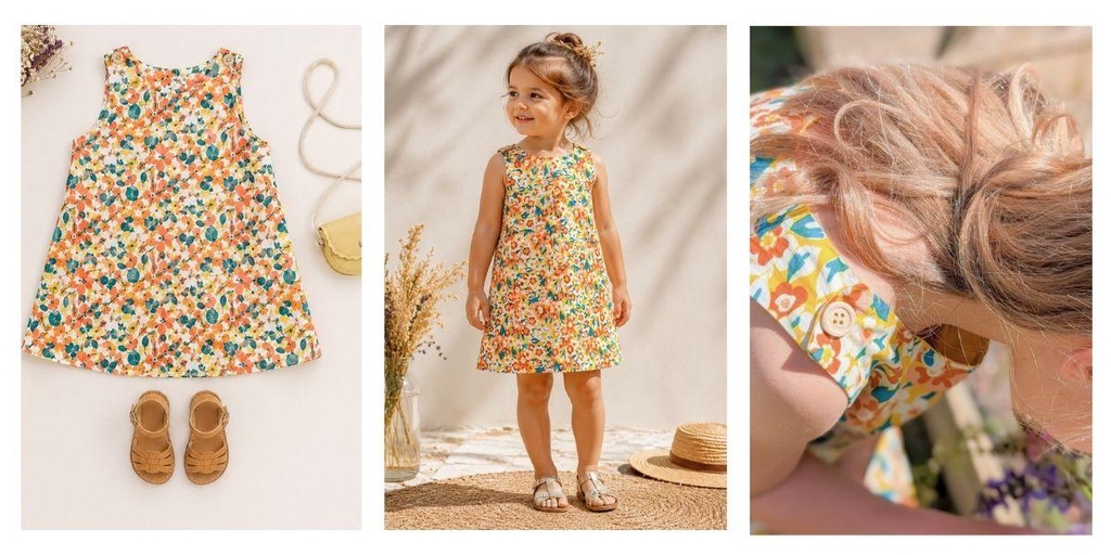 Petite fille portant une élégante robe d'été jaune fabriquée en France dans un tissu de qualité. Une création raffinée et confortable, pensée pour les enfants et les familles sensibles à la mode durable, aux belles matières et à une fabrication responsable.