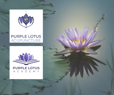 A purple lotus flower and leaf background with the purple lotus acupuncture logo of hands holding a purple lotus and the purple lotus academy logo of hands holding and purple book with a lotus in the middle