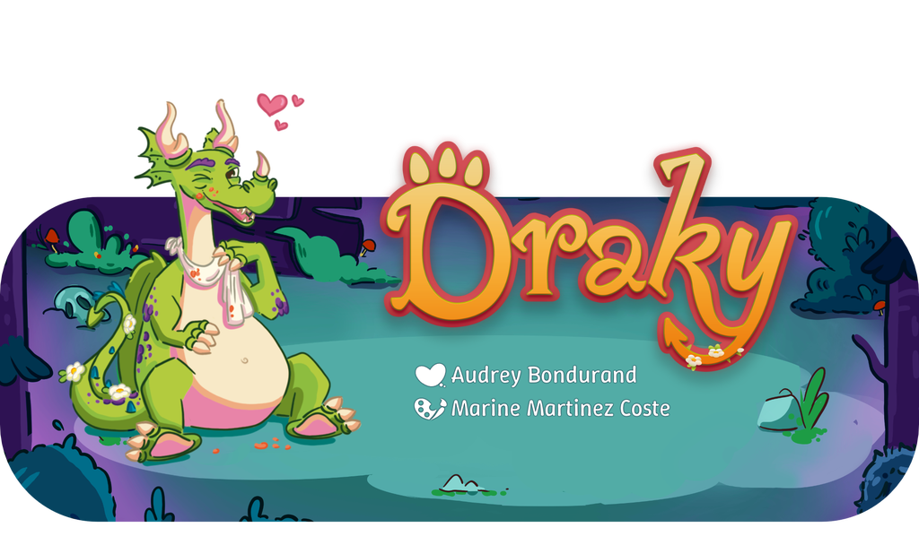 Banniere du jeu Draky representant une dragon vert assis qui fait un clin d'oeil et le titre du jeu Draky
Autrice : Audrey Bondurand
Illustratrice : Marine Martinez Coste