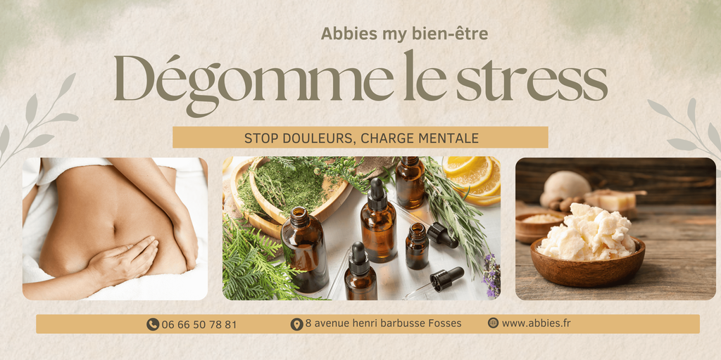 Bannière publicitaire Abbies my bien-être, gestion du stress avec massages, huiles essentielles, et beurre de karité. Stop aux douleurs et à la charge mentale.
