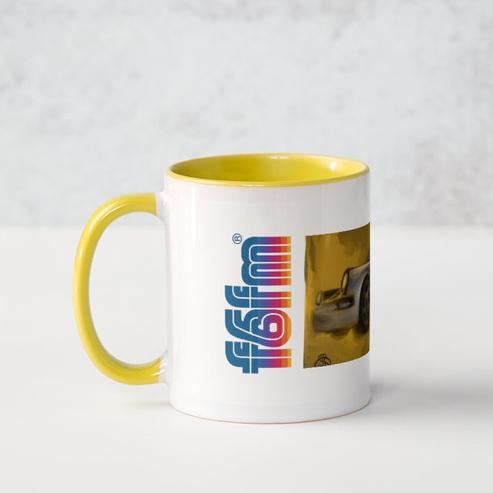 White and yellow mug with Porsche 964 image