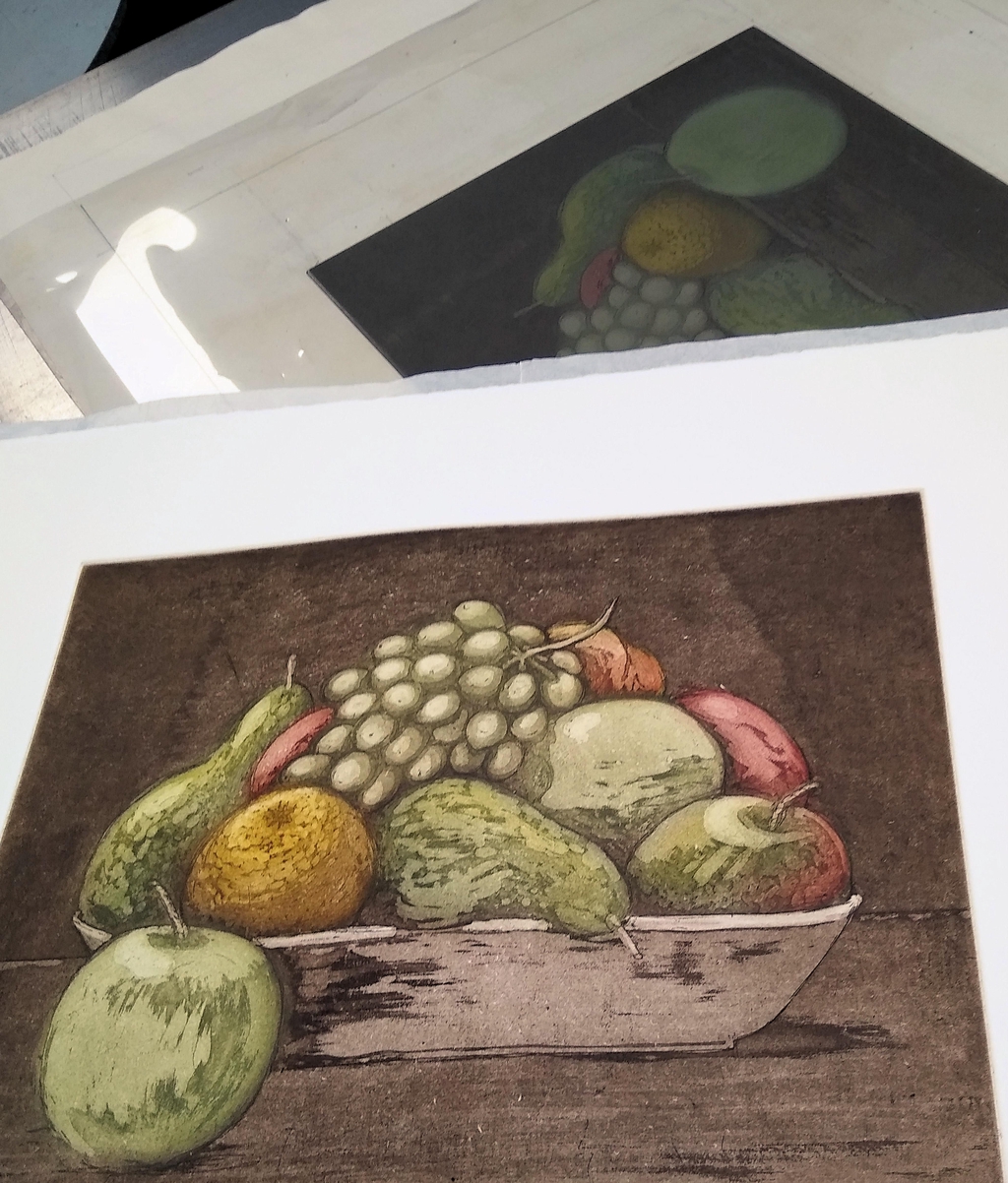 Fruit Bowl with Grapes - hand printed etching.
