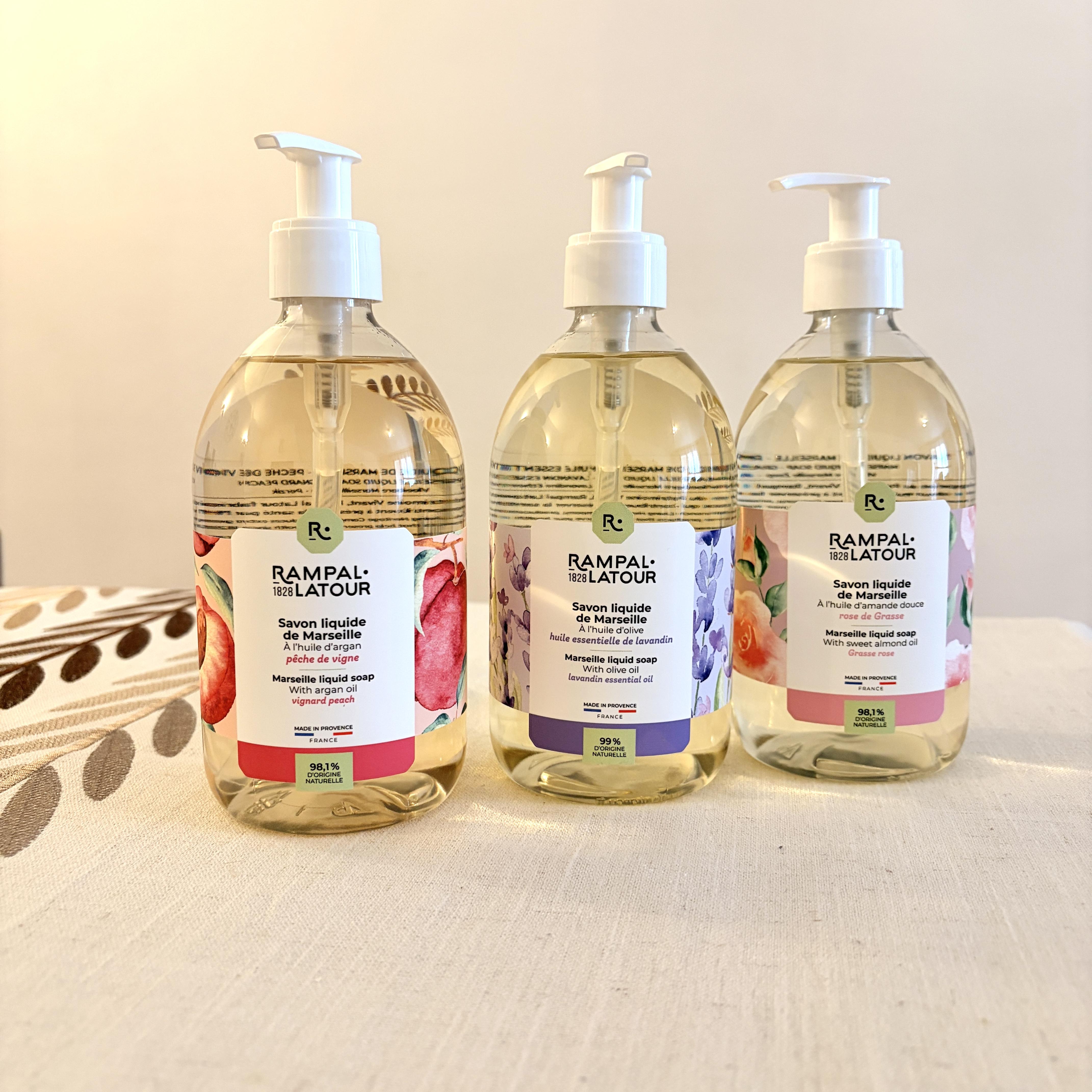 Savon liquide 500ml Rampal Latour, Lavandin, rose de Grasse, et pêche de vigne.