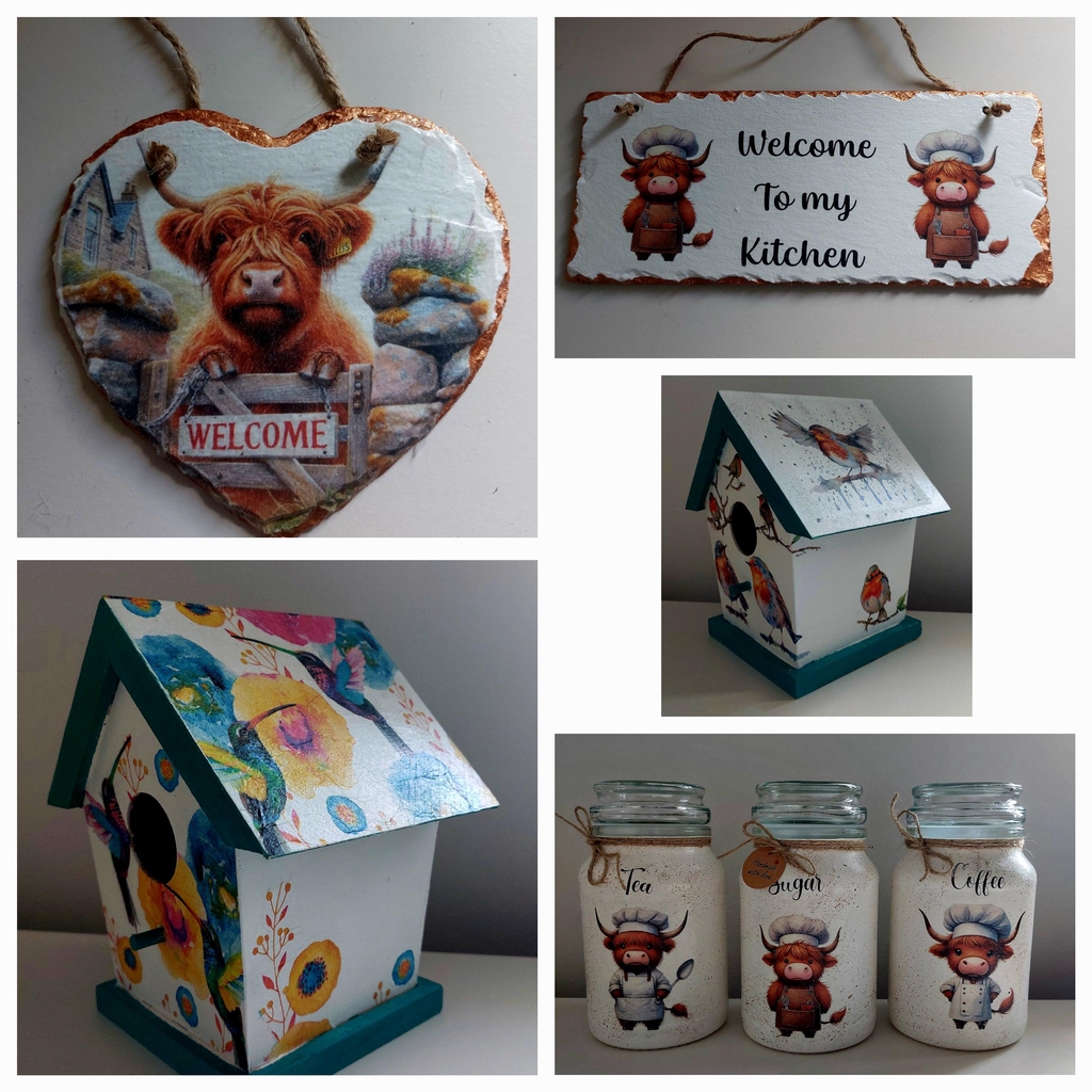 Hand painted and decoupaged gifts. 
