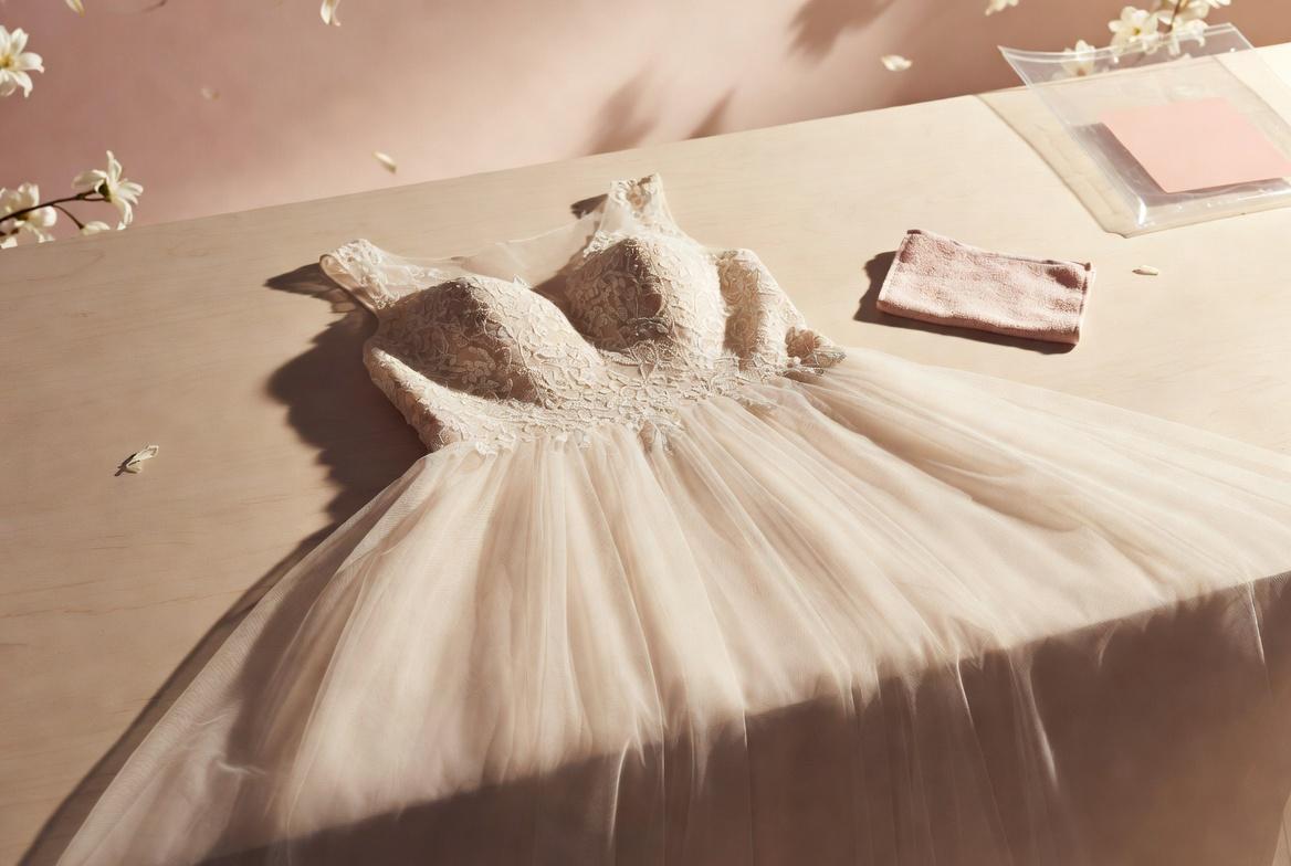 Robe de mariée en tissu ivoire propre et parfaitement pliée avec produits de nettoyage professionnel – Service de nettoyage et rangement Maryline Devaux à Fréjus