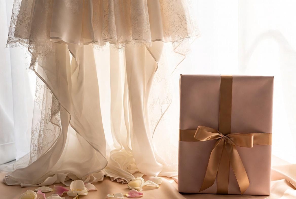  Robe de mariée élégante et fluide en tissu ivoire à côté d’un beau paquet cadeau rose poudré avec ruban satin champagne, illustrant les bons d’achat Maryline Devaux – le cadeau simple et joyeux pour une tenue de mariage ou de cérémonie.