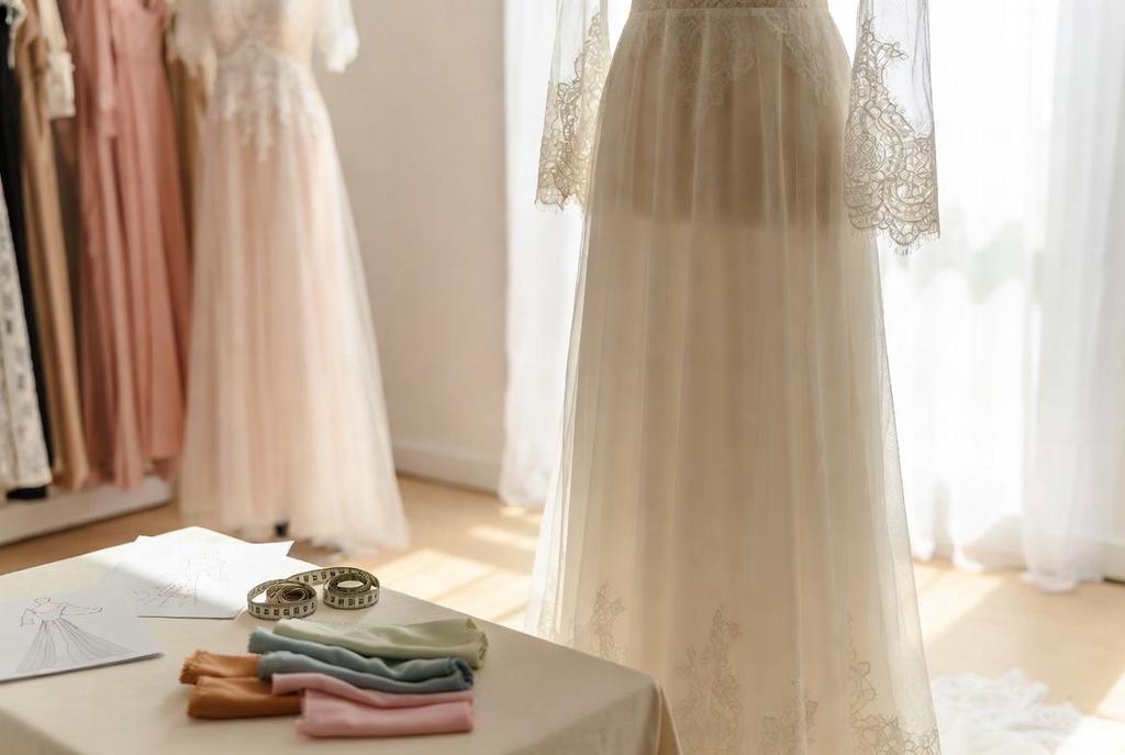 Robe de mariée semi-sur-mesure en tissu fluide ivoire avec dentelle, croquis et tissus dans l’atelier lumineux Maryline Devaux à Fréjus – Création unique et personnalisée