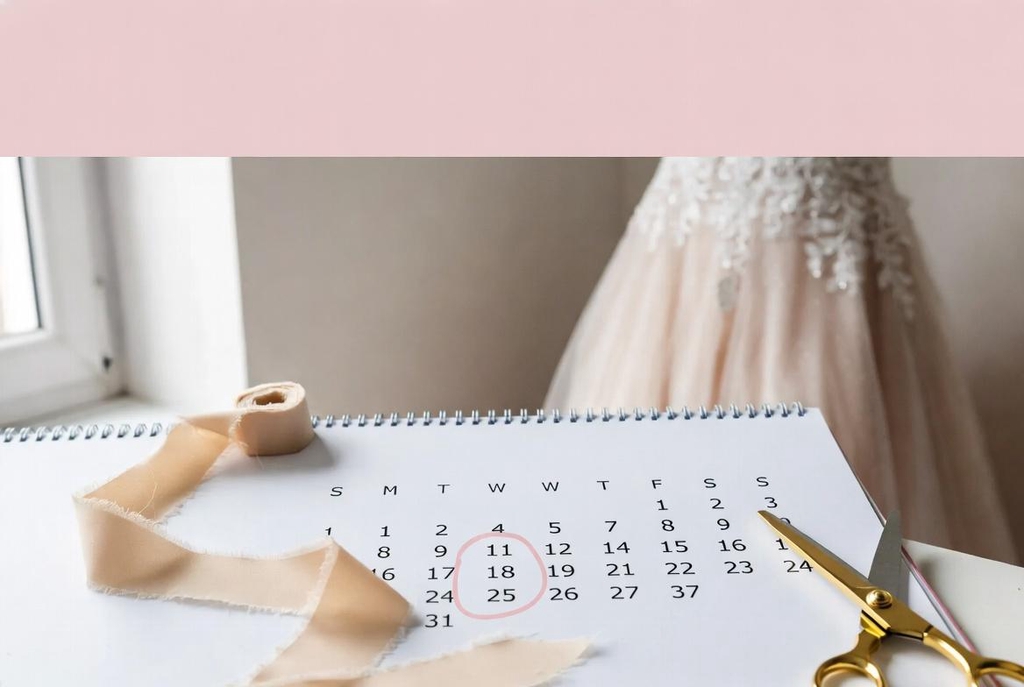 Calendrier ouvert avec date entourée, mètre ruban et robe de mariée en arrière-plan – Prendre rendez-vous chez Maryline Devaux à Fréjus