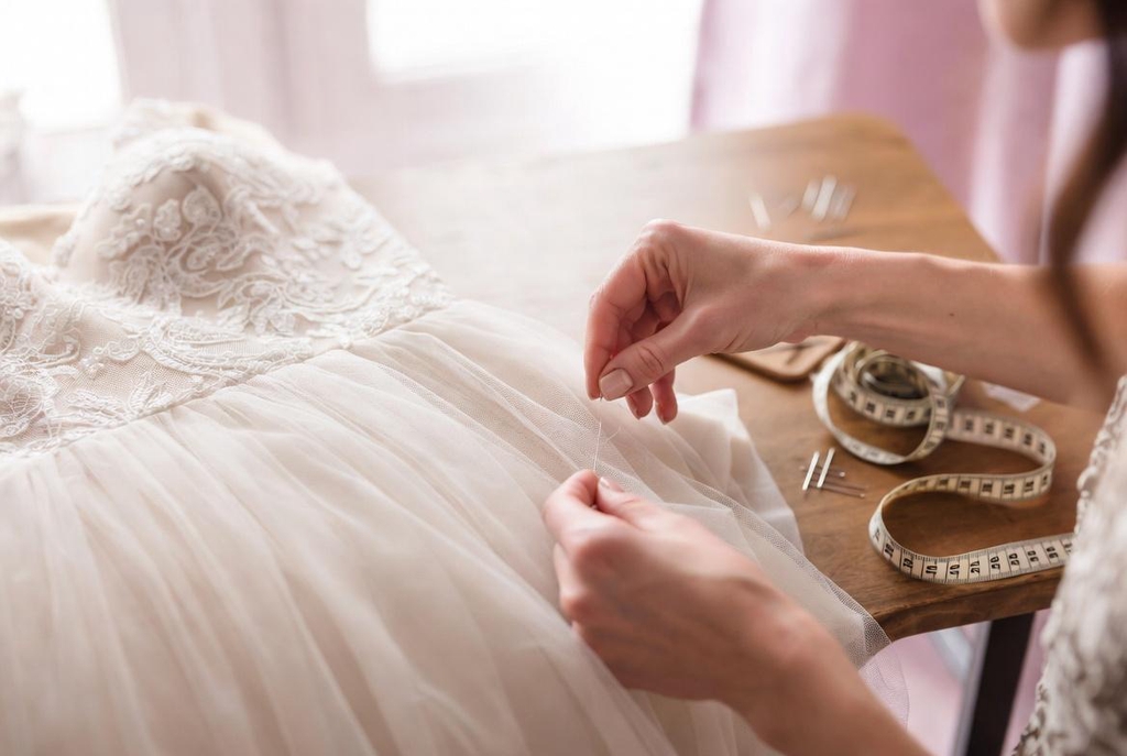 Mains délicates en train de réaliser une retouche précise sur une robe de mariée en tulle et dentelle, avec mètre ruban et épingles – Service de retouches personnalisées Maryline Devaux