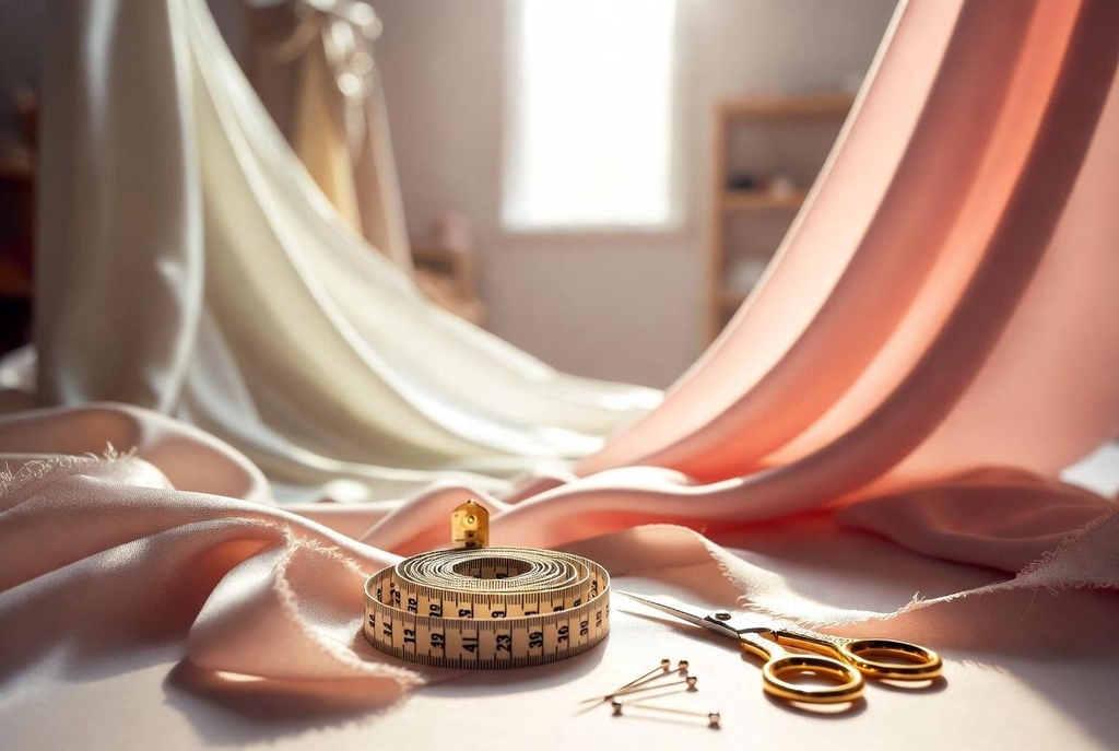 Mètre ruban, ciseaux et tissus dans un atelier couture lumineux – Tarifs retouches et couture Maryline Devaux à Fréjus