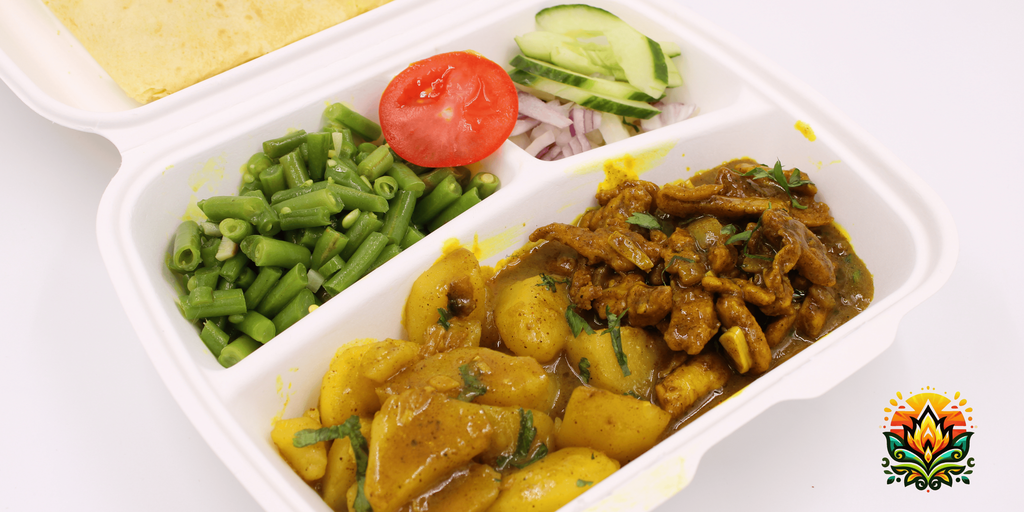 Vegetarische Surinaamse roti met vegetarische kipstukjes, aardappel – Batong B.V. catering Zoetermeer.