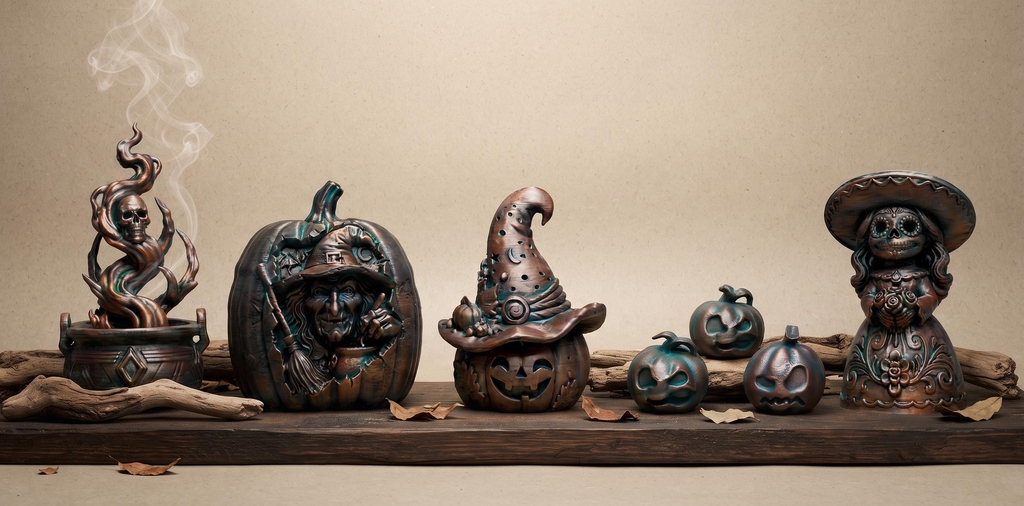 Bannière de collection d'objets mystiques et décoratifs de Samhain pour cabinet de curiosités avec chaudron, citrouilles de sorcières et statuettes patinées style bronze.
