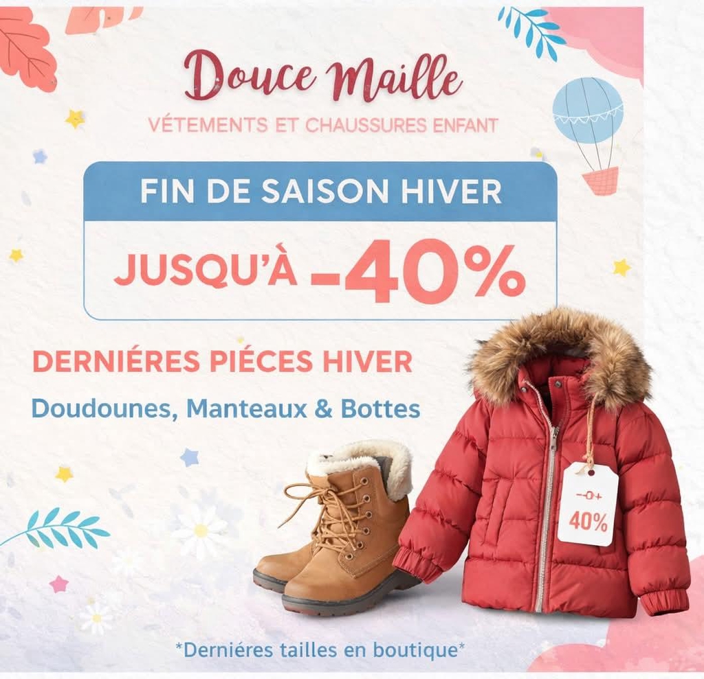❄️ FIN DE SAISON HIVER chez Douce Maille ❄️

La boutique fête ses premiers soldes ✨
👉 -20% sur une sélection de vêtements enfant

Et pour faire de la place aux jolies nouveautés à venir 🌷
👉 jusqu’à -40% sur les dernières pièces hiver :
doudounes, manteaux & bottes
‼️Dernières tailles, quantités limitées

💛 On vous attend en boutique

https://douce-maille.fr/

#soldeshiver #fashionkids #lafertesousjouarre #seineetmarne #iledefrance #boutiqueenligne