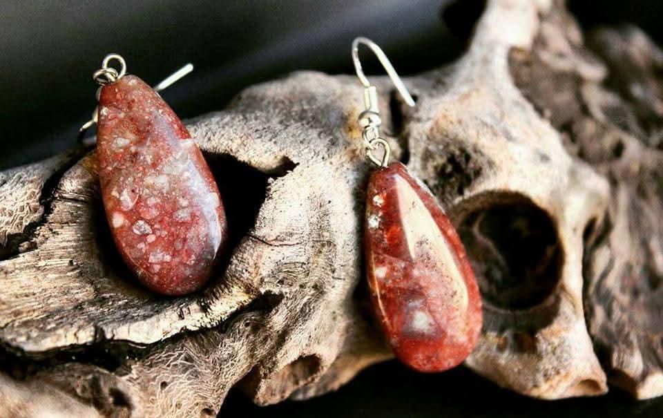 Red Jasper dangle earrings Steel silver hooks semiprecious 