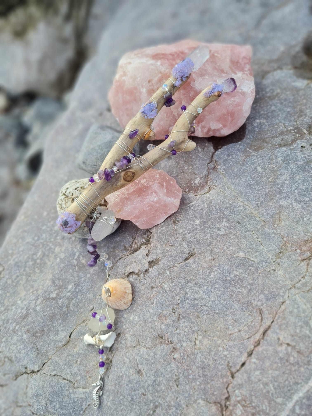 Semiprecious amethyst gemstone crystal seaglass driftwood wand