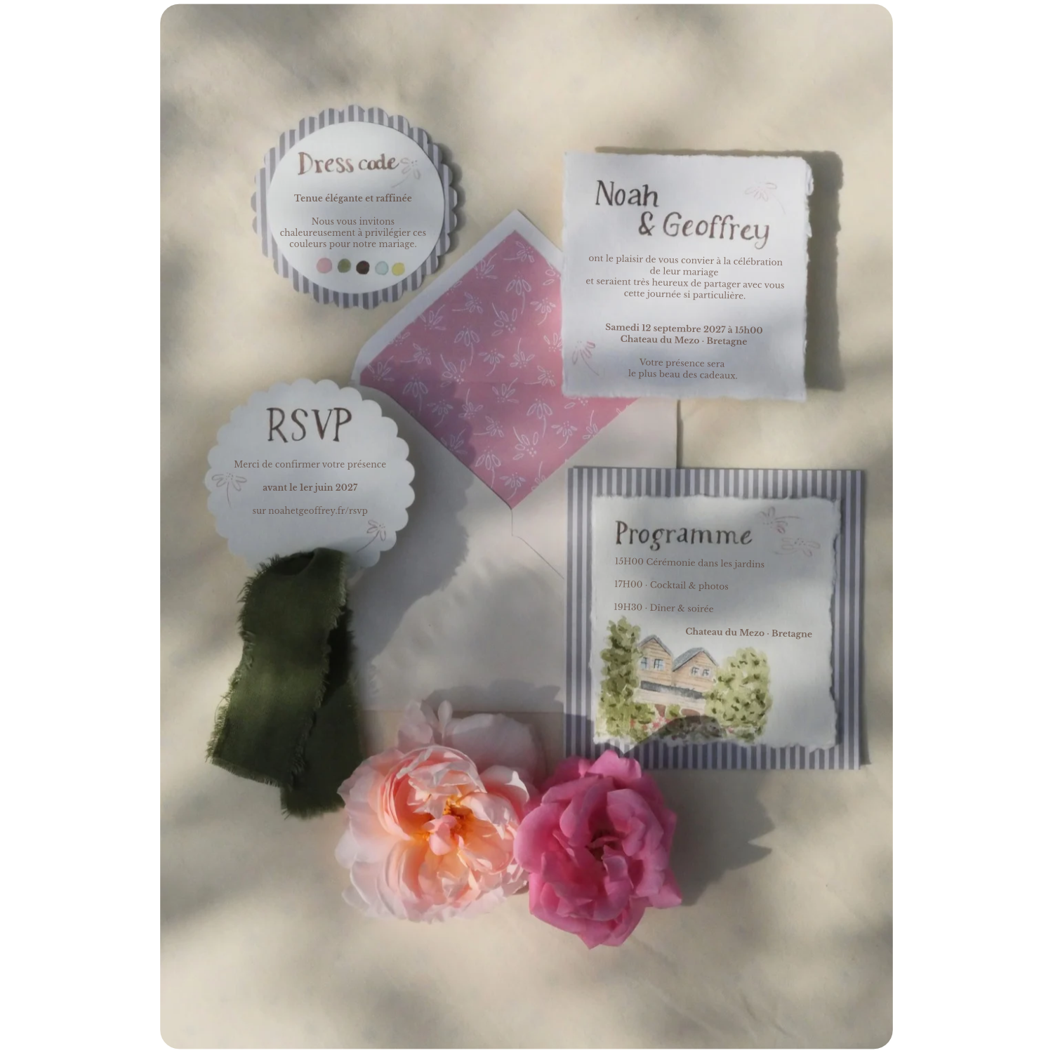 faire-part de mariage, RSVP, dress code et programme