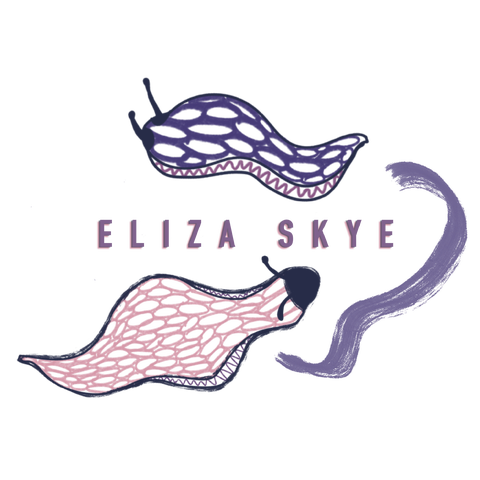 ELIZA SKYE in block letters with a pink and purple illustrated slug above and below the words