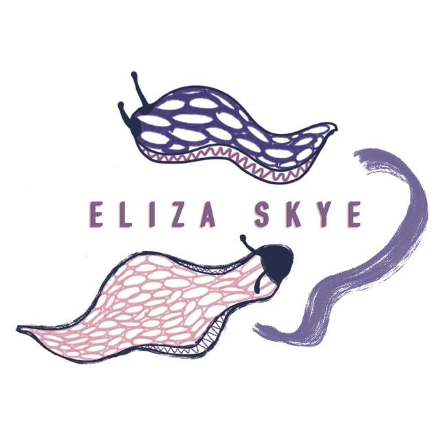 ELIZA SKYE in block letters with a pink and purple illustrated slug above and below the words