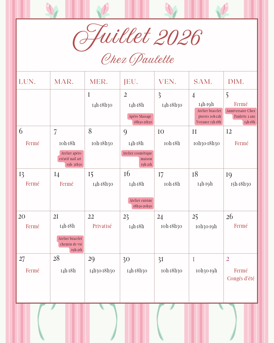 Planning d'ouverture