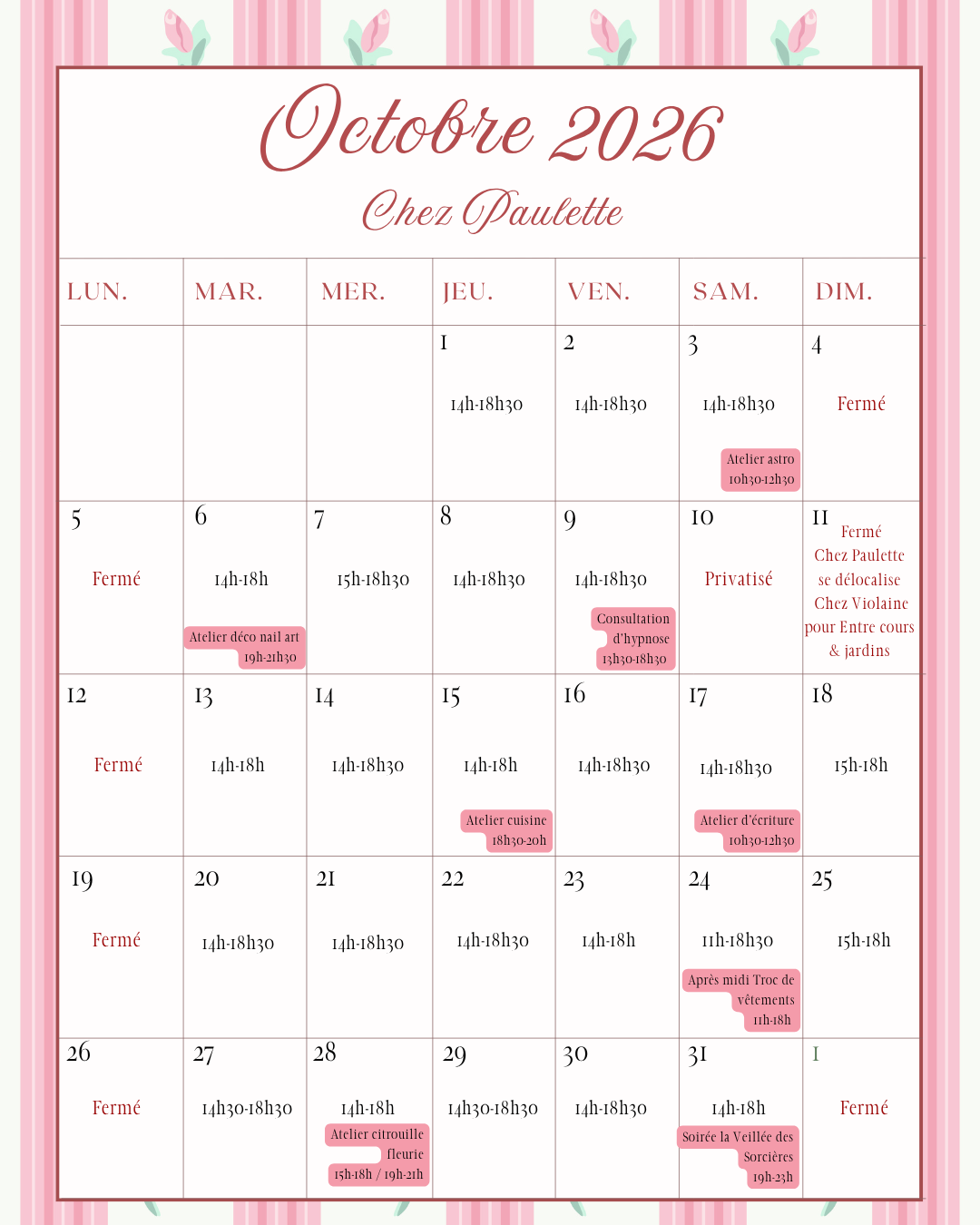 Planning d'ouverture