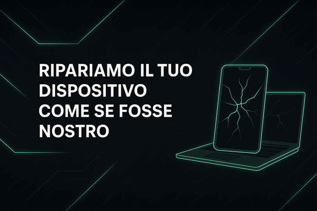 Banner con smartphone e laptop rotti, slogan "Ripariamo il tuo dispositivo come se fosse nostro" - Farris Riparazioni
