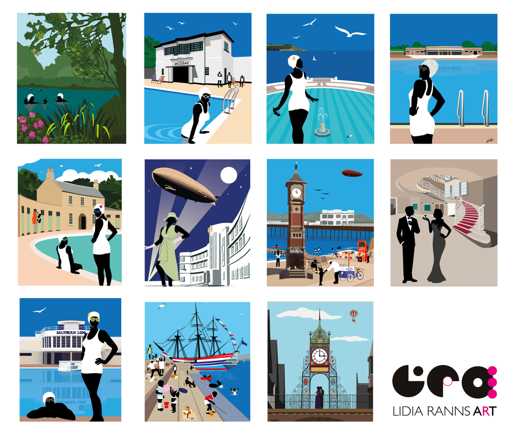 Lidia Ranns Art Deco Lido prints, Lancaster and Morecambe art prints illustrated in a vintage style. Cleveland Pools, the midland hotel in morecambe, Morecambe clock tower art prints.