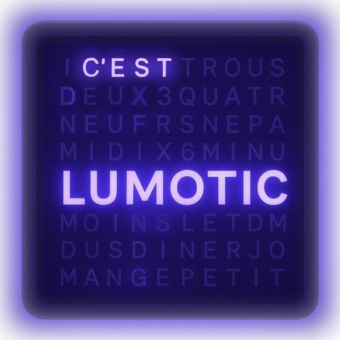 Horloges murales ou à poser de marque LUMOTIC, un cadeau déco pour la maison et unique, fabrication francaise durable et de qualité, apporte du style à votre intérieur, idée cadeau décoration maison , objet connecté wifi , affichage de messages personalisés, ambiance led avec intensité et couleurs paramétrables