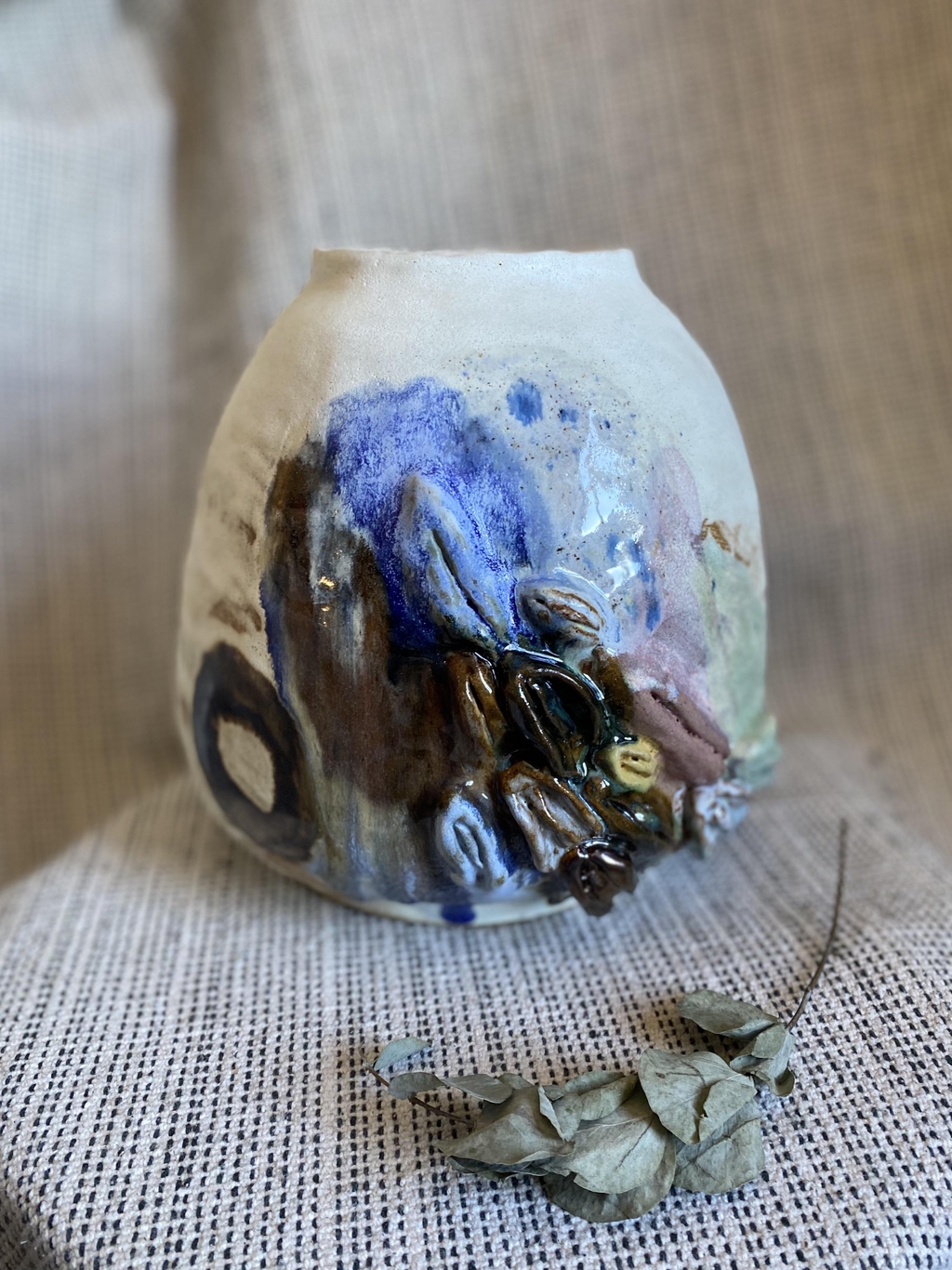 A large colourful ceramic vessel by Charlotte Gower