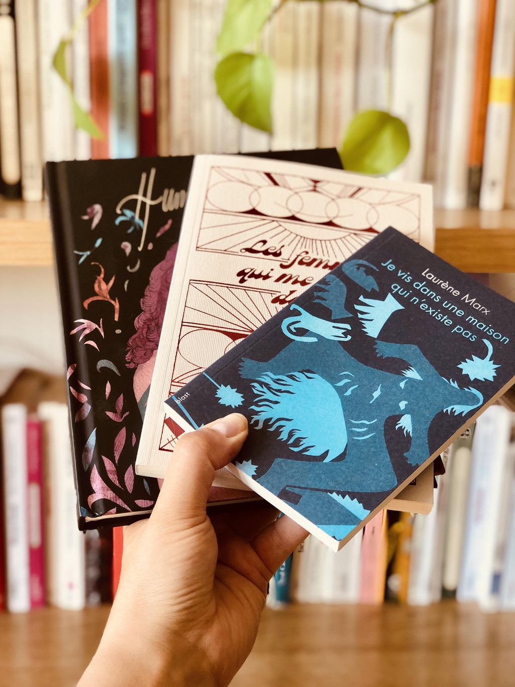 la photo représente une main qui tient 3 livres sur un fond de bibliothèque. Les livres sont Humaine de Foliveli, Les femmes qui me détestent de Dorothy Allison et Je vis dans une maison qui n'existe pas Laurène Marx.