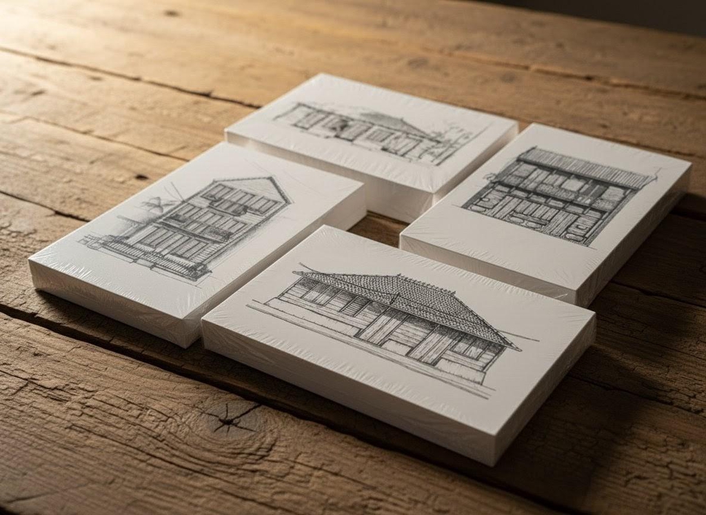 Cartes postales de cases créoles réalisées à partir de dessins originaux d'Intercalee 