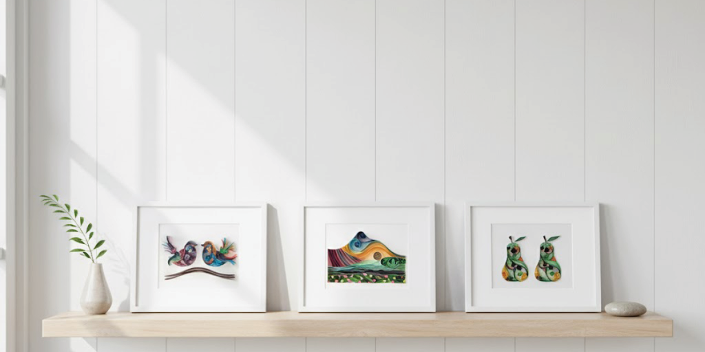 Three framed pieces of handmade paper art are resting on a shelf against a wooden white wall with a white vase and green leaf stem to the left. The wall art is of two colourful paper art birds facing each other, a colourful paper landscape of Wicklow's great sugarloaf mountain, and two almost identical paper art pears capture in autumnal colours of green, orange, yellow and brown. Each paper art uses the technique of quilling in swirls and on-edge paper usage.