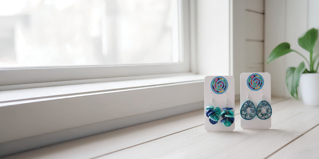 Two pairs of handmade paper earrings are showcased on a white window ledge with a white flower pot and green plant in the background. The earrings are both blue and green, one has lots of frills, the others are tear drop shaped with spirals in the middle.