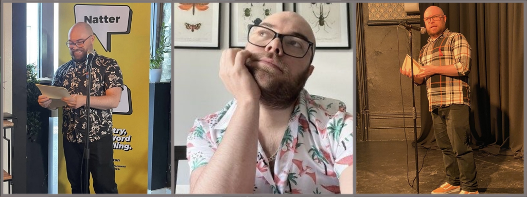 Three images of J. Daniel West. The first is one of his earliest performances at Natter in Bolton. The second is an angelic, deep-thought pose whilst wearing a snazzy dinosaur shirt which has been used as an author photo. The third is of a reading at Verbose in Salford, he has an interesting expression on his face and is wearing a red ribbon in honour of World AIDS Day.