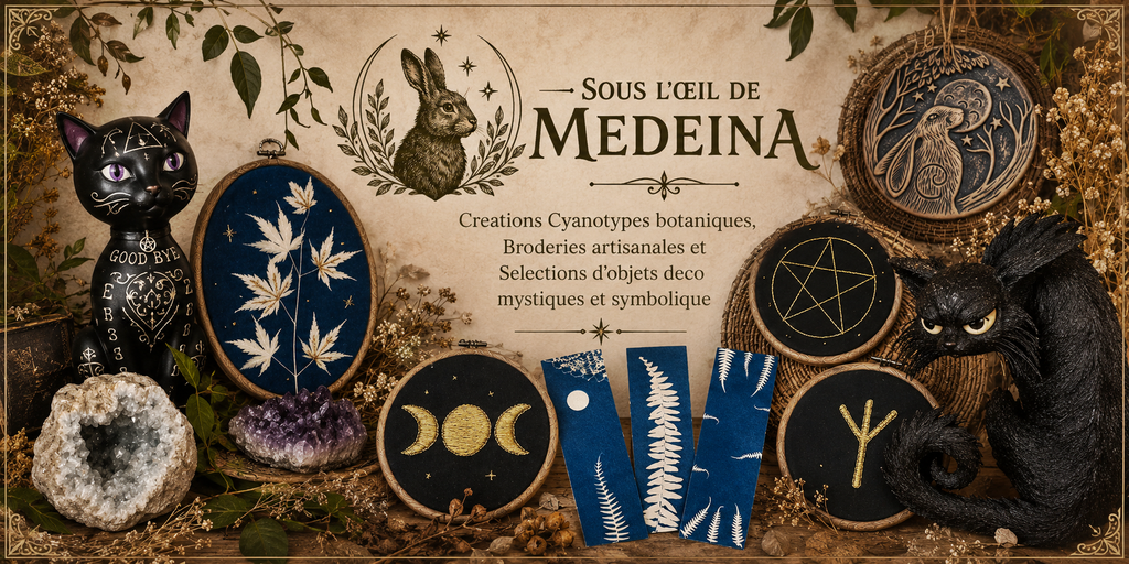 Boutique Sous l'oeil de Medeina, objets mystiques et symboliques. Broderie et Cyanotype, Artisanat en Périgord Noir