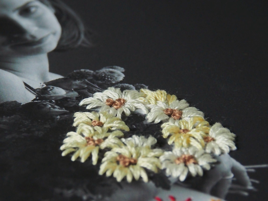 Création artisanale de broderie florale personnalisée. Main brodant une photo à la main – Hestia Broderies.
Vue d’ensemble des produits de broderie. Photo personnalisée