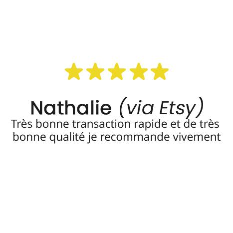 Nathalie (via Etsy)
Très bonne transaction rapide et de très 
bonne qualité je recommande vivement