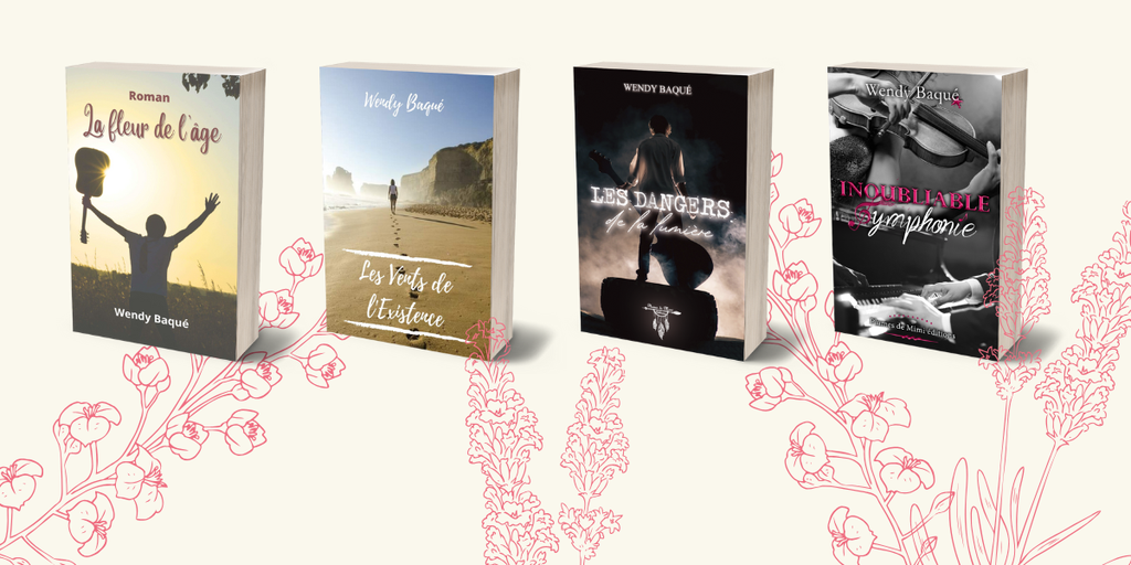 Bannière de la boutique Sumup de l'auteure Wendy Baqué. Représente ses autre romans alignés sur un fond de couleur crème, avec des fleurs roses décoratives.