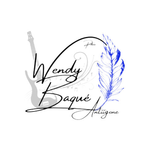 Logo de Wendy Baqué, auteure de romans. Son nom stylisé avec une guitare électrique grise à gauche et une plume d'écrivain bleu royal à droite. Logo réalisé par Linda Catherine, pour Plumes de Mimi éditions.