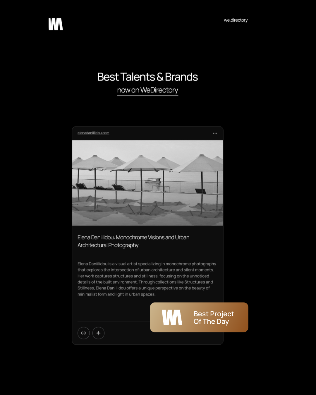 Elena’s photography featured on We.Directory as Best Project of the Day, with the platform’s recognition badge.