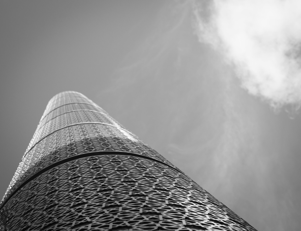A monochrome photo of the Brick Lane Mosque taken with a Nikon D90.