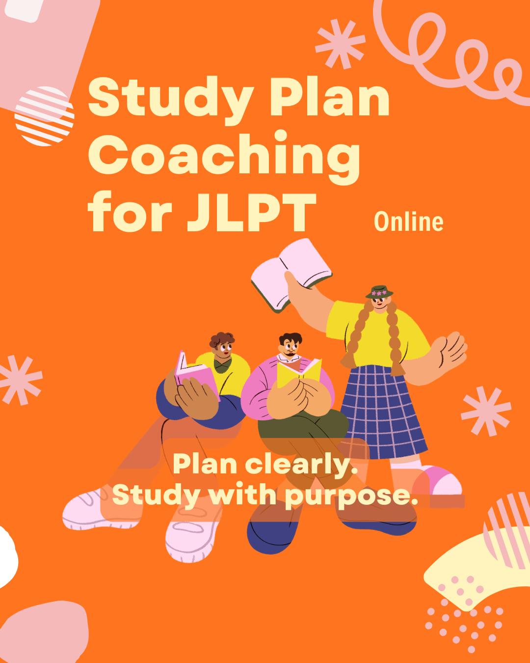 JLPT Study Plan Power-Up (online) — illustration of three people holding books.