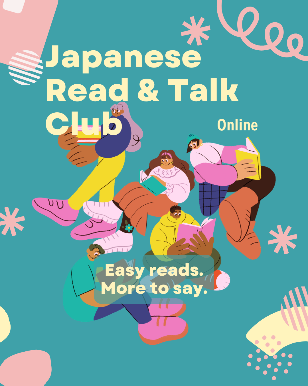 Japanese Read & Talk Club (online) — illustration of people enjoying books.