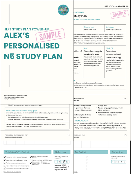 Materials for a JLPT Study Plan Power-Up session online.