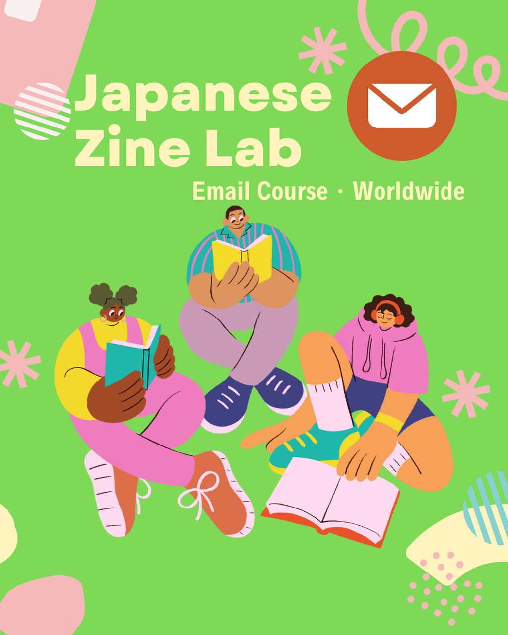 Illustration of learners reading tiny books for the Japanese Zine Lab email course