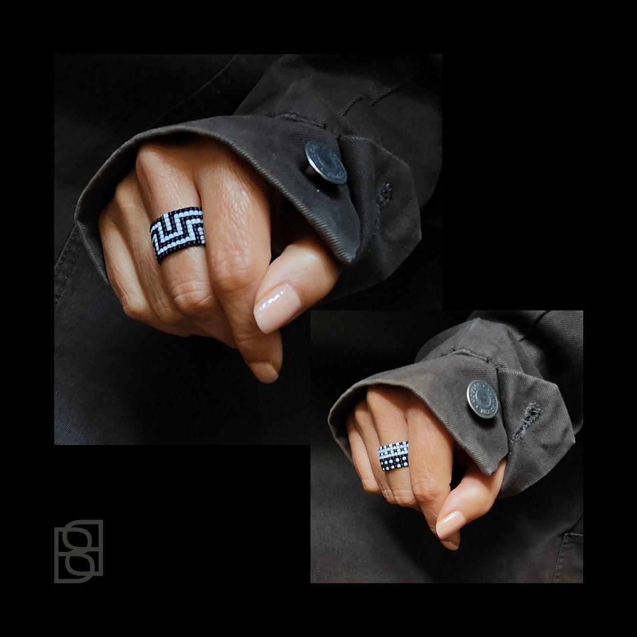 The Black & White Collection explores the timeless power of contrast through bold geometric patterns, delicate dots, lines, and striking zigzags. Each handmade ring carries its own graphic identity, expressing rhythm, repetition, and individual personality. Simple elements become powerful visual statements in this contemporary monochrome series.