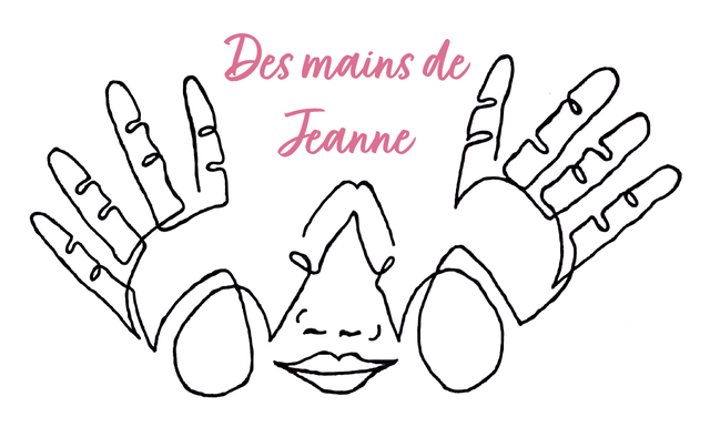 Logo Des Mains de Jeanne : un visage avec les mains ouvertes devant les yeux, dessiné en un seul trait.